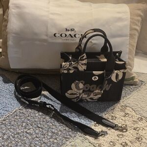 Coach Black Mini Tote with Cream Floral Bow Print